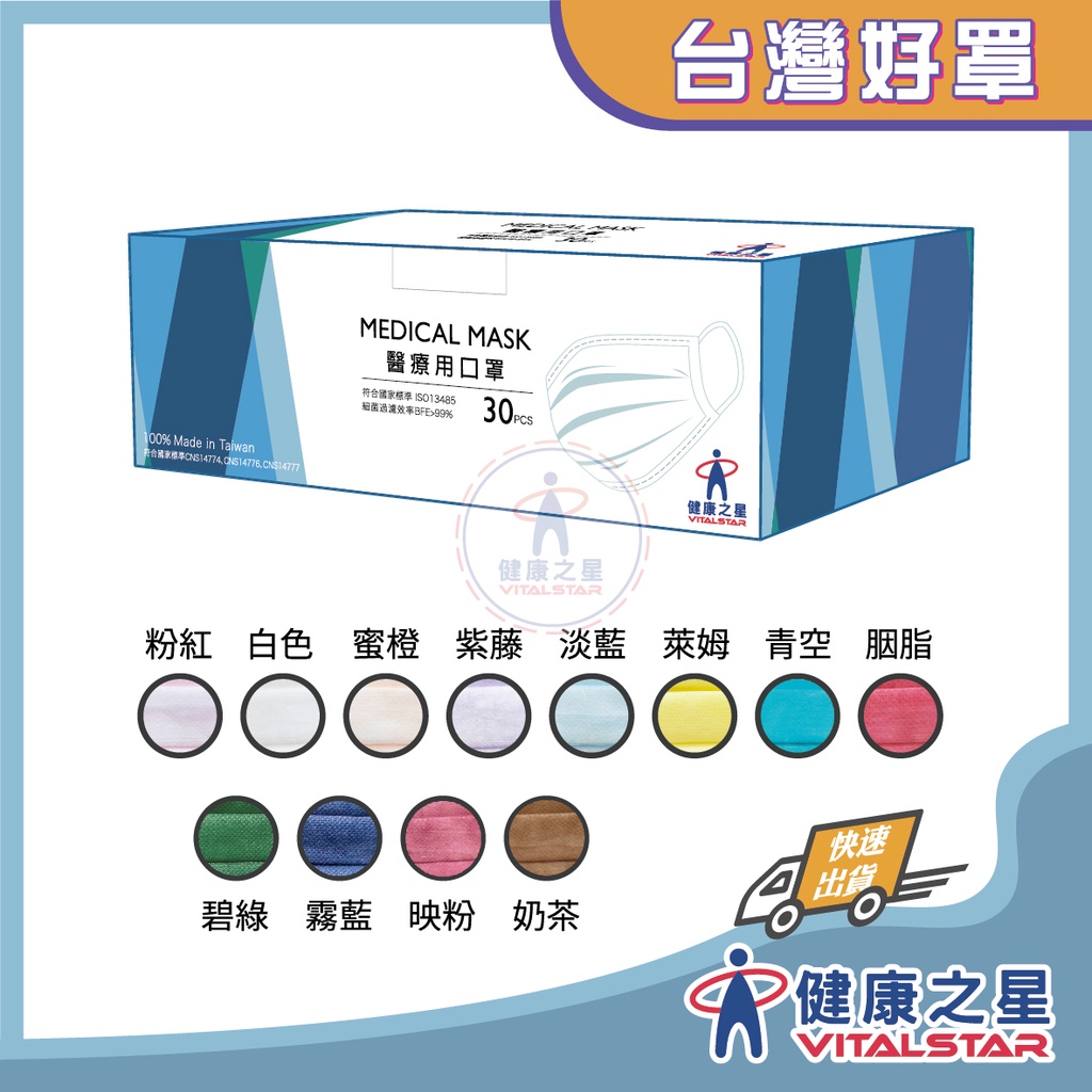 健康之星 醫療用口罩30片/盒 獨特Ω摺法透氣度up!(多色可選)