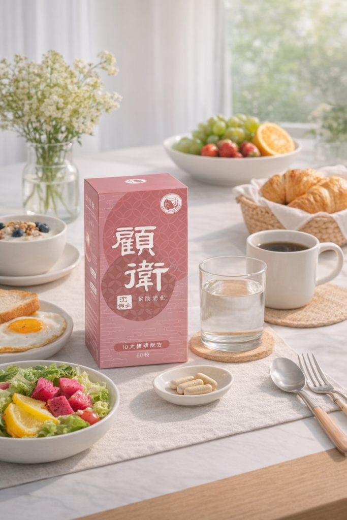 沈博士顧衛草本飲食保養食品早餐情境圖，搭配清爽早餐與日常飲食生活場景