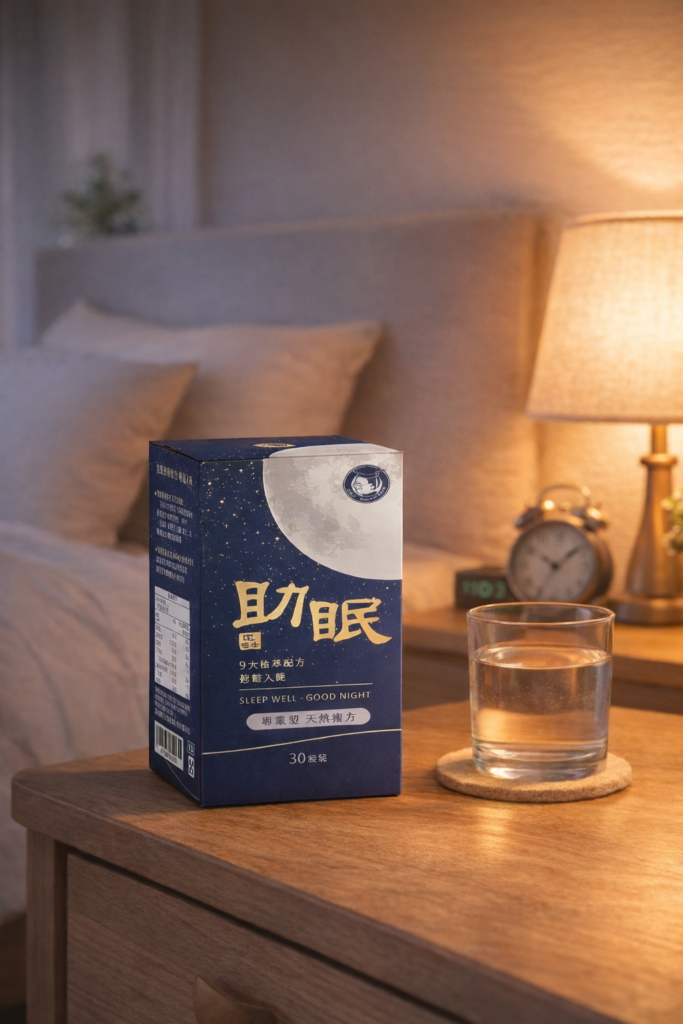 沈博士助眠草本晚間保養食品盒裝情境圖，搭配床邊夜燈與溫水